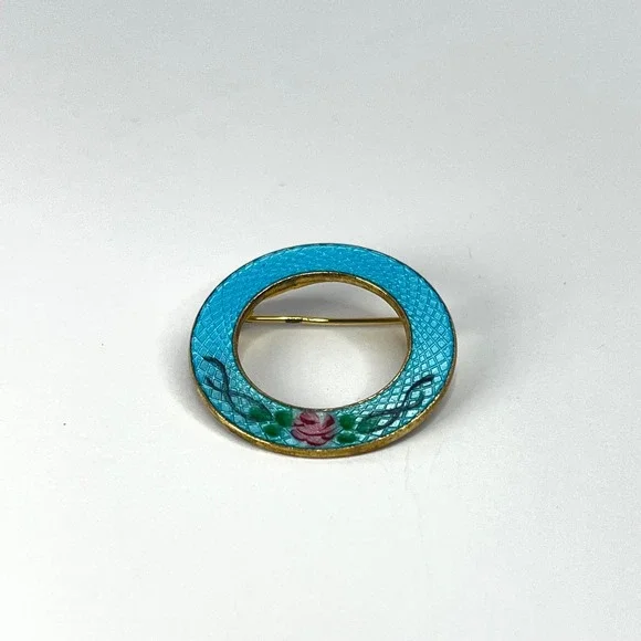 Vintage Guilloché‎ Blue Pink Rose Circle Pin Midcentury Grandma Love Gratitude