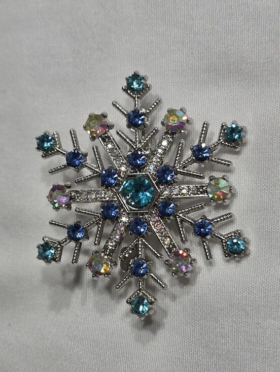 Crystal Snowflake Brooch with Blue and Aurora Borealis Rhinestones