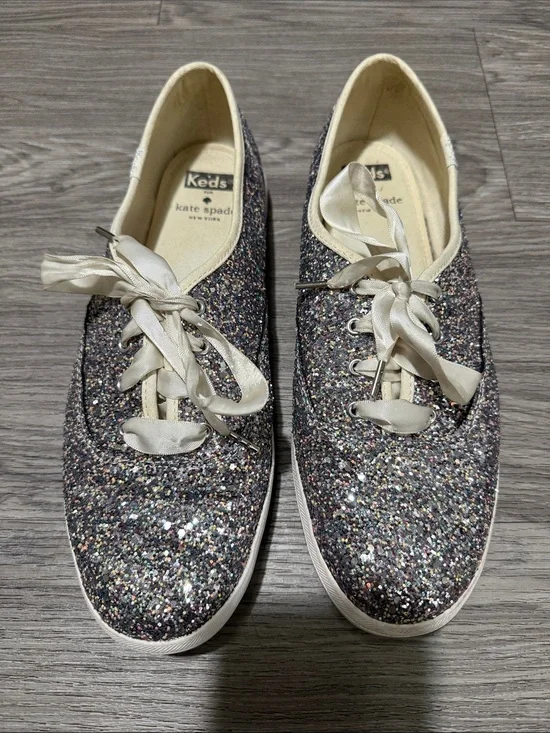 Keds X Kate Spade Sneaker Womens 10 Silver Champion Glitter Low Lace Up