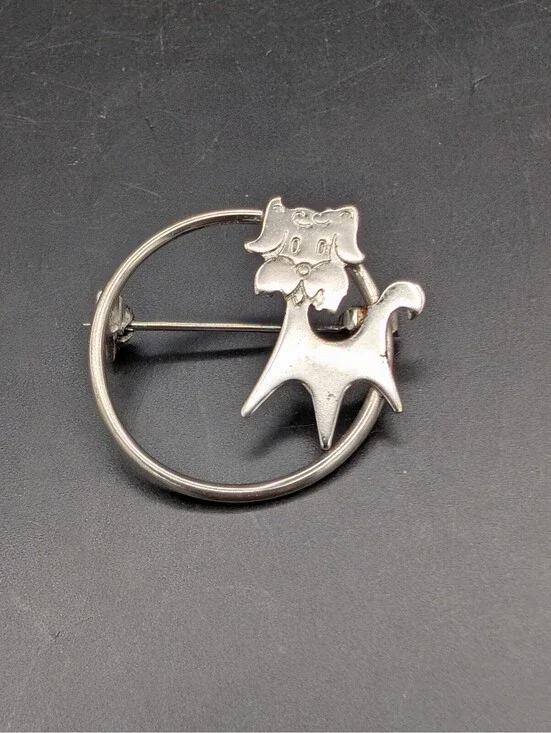 Vintage Sterling Silver Puppy Dog Circle Brooch Mixed Metal Pin STER Mark