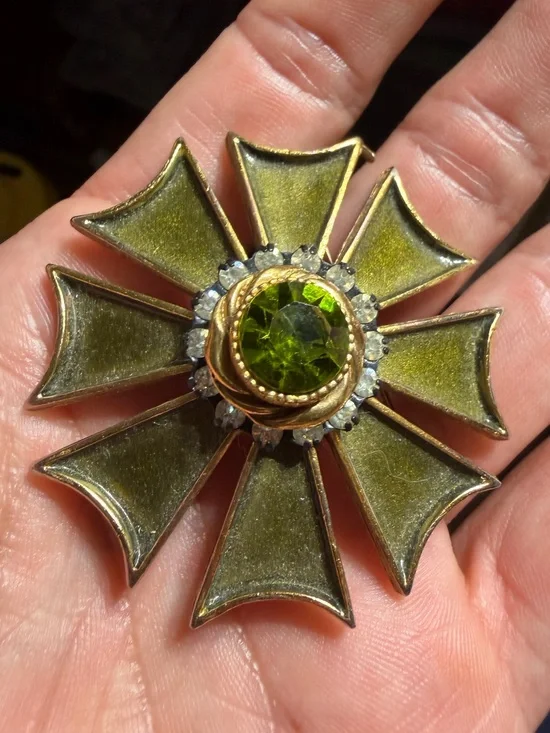 Flower Maltese Cross Green & Clear Rhinestone HAR Vintage Pin Brooch Gold Tone
