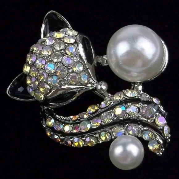 Enameled AB Rhinestone & Faux Pearl‎ Fox Brooch