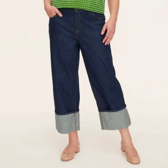 Kate Spade New York Wide Leg Cuffed Jeans Dark Wash Denim Cropped Blue Womens 8