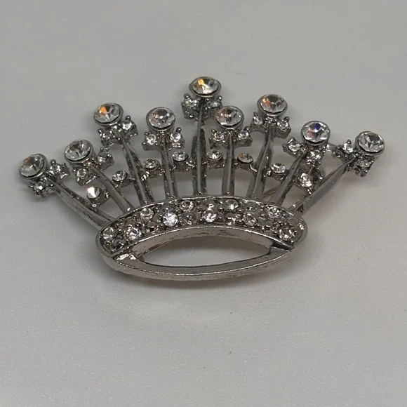 Vintage Crown Brooch Silver Tone Rhinestone Tiara Royal Statement‎ Pin