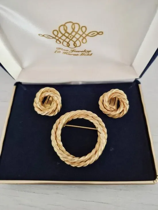 Vintage MCM Twisted Double Circle Brooch and Earring Set