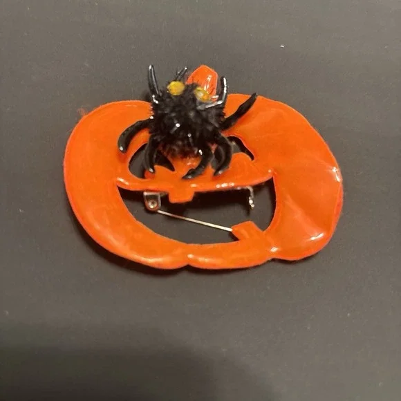 1990s Halloween Orange Enamel Pumpkin Brooch Fuzzy Black Spider Pin