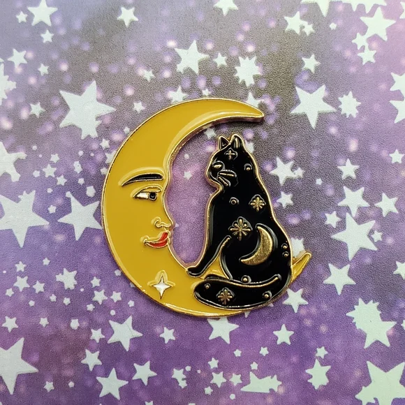 Gold Moon & Black Cat Enamel Brooch - Women Jewelry Brooches