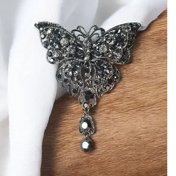 Smokey Crystal Butterfly Brooch Antique Tone Art Deco Style Dangle – Dark Glam