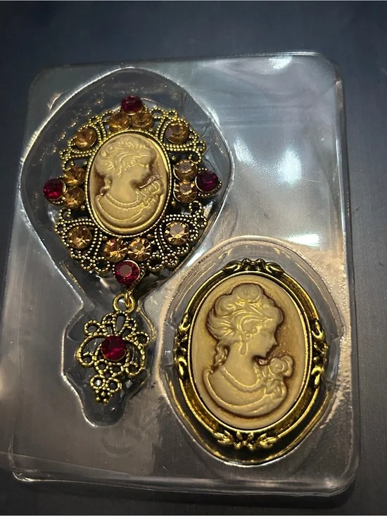 Gold-Tone Cameo Brooch Set with Ruby and Amber Accents