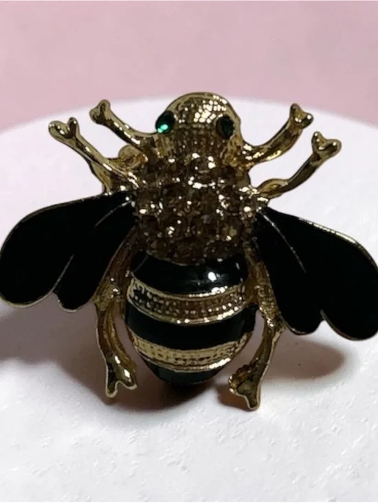 Gold & Black Bee Pin Brooch with Green Eyes