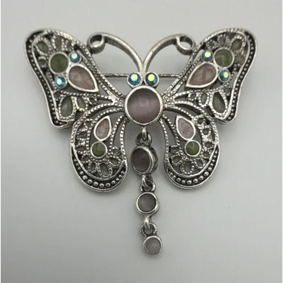 Silver Tone Multicolor Rhinestone Butterfly Dangle Brooch Pin 2 in
