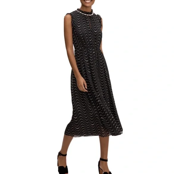 Kate Spade Wavy Dot Silk Midi Dress Size 4 Women Feminine Sleeveless Ruffle