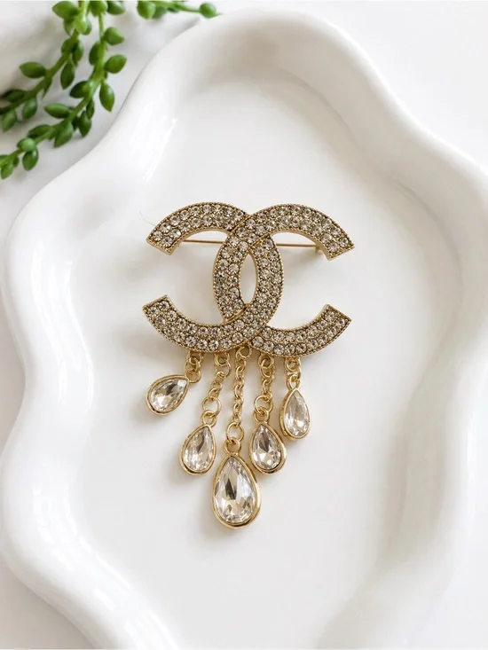 CHANEL Gold-Tone Crystal CC Dangle Brooch with Teardrop Drops