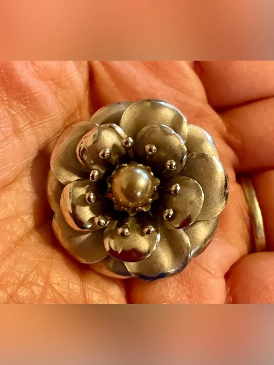 Coro Silver-Tone Floral Brooch with Pearl Center
