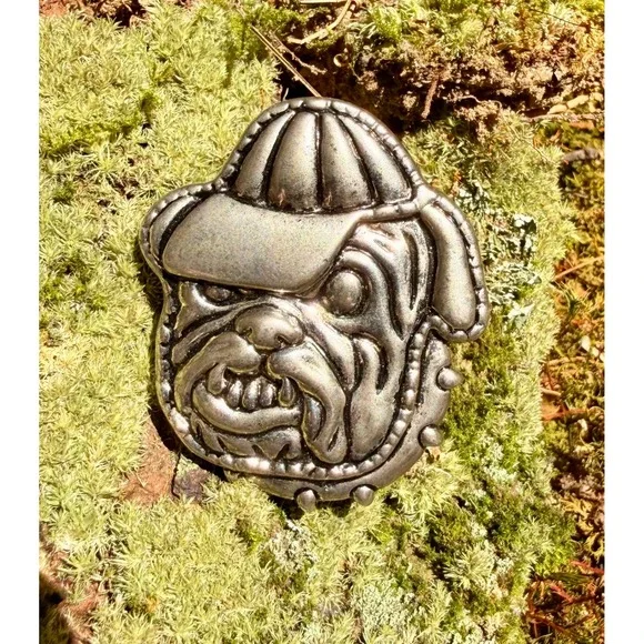 VTG Silver Tone Bulldog Brooch Pendant‎ Spiked Collar Cap Mascot Pin 3 in. 80s