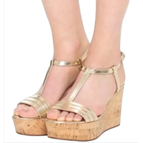 Kate Spade New York Tallinn Metallic Gold Cork Womens Buckle Strap Wedges Sz 10