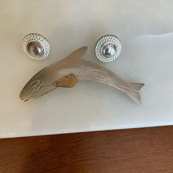 Silver Whale Brooch and Silver tone Earrings