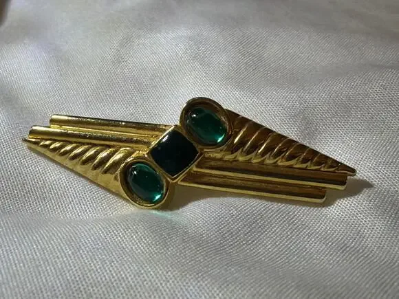 Vintage Gold Tone Green Cabochon Art Deco Modernist Brooch Geometric Pin