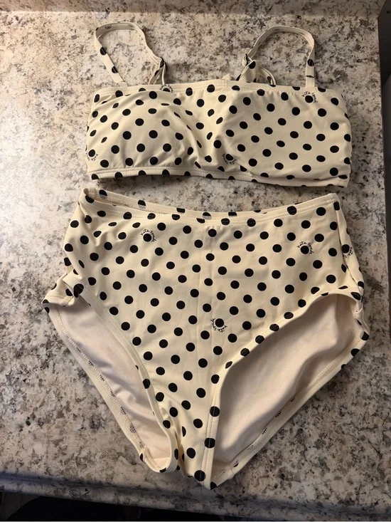 kate spade Black Polka Dot Cream Bikini Set High Waisted Tie Back Cute Classy