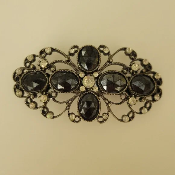 Vintage Style Black Rhinestone Antiqued Silver Filigree Brooch Pin 3.5in Gothic
