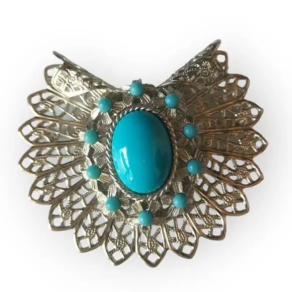 Ornate robin's egg blue and silver filigree convertible brooch, pendant