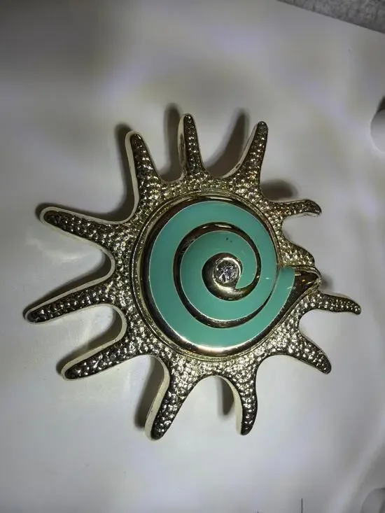 Signed Silver Tone Enamel Sunburst Brooch Pendant Aqua Rhinestone Vintage Pin
