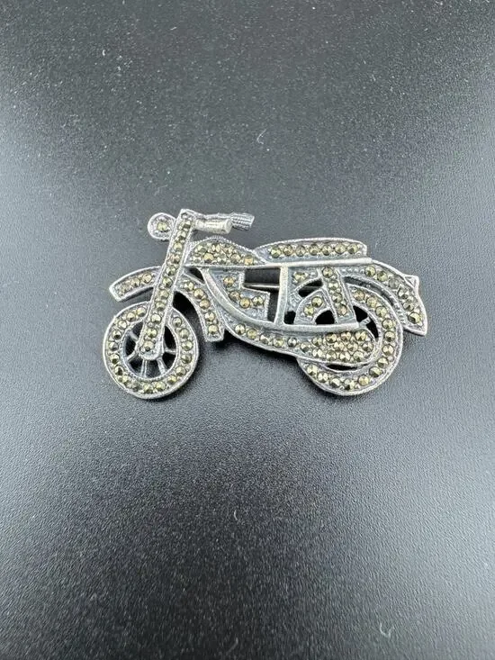 Sterling Silver 925 Marcasite Motorcycle Brooch Pin