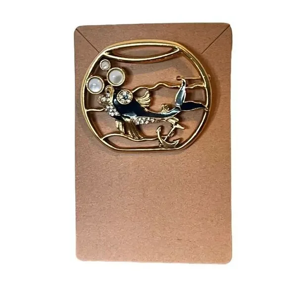 Fish Brooch In Bowl Faux Pearl Bubbles Goldtone 1.5