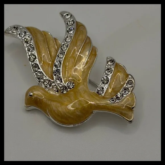 Vintage Monet Dove Bird Brooch Pin Gold Tone Enamel Rhinestone Animal Jewelry