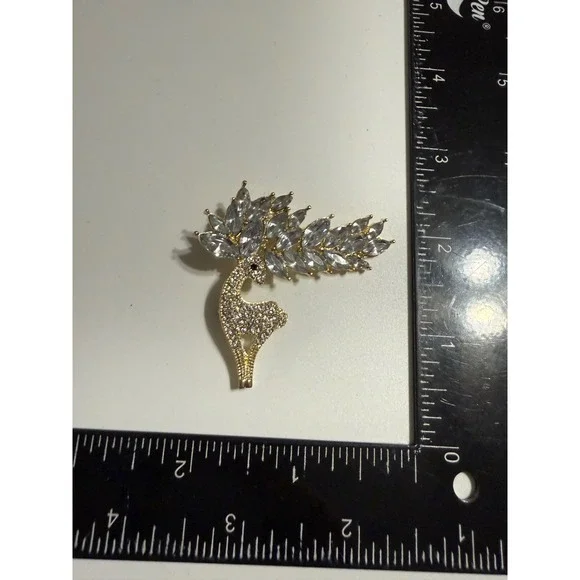 Gold Tone Rhinestone Deer Brooch Marquise Crystal Antler Reindeer Pin