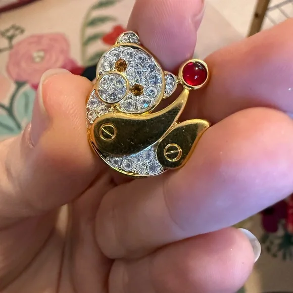 Monet Vintage Koala Bear Brooch Gold Tone Crystal‎ Pave Red Cabochon Animal Pin