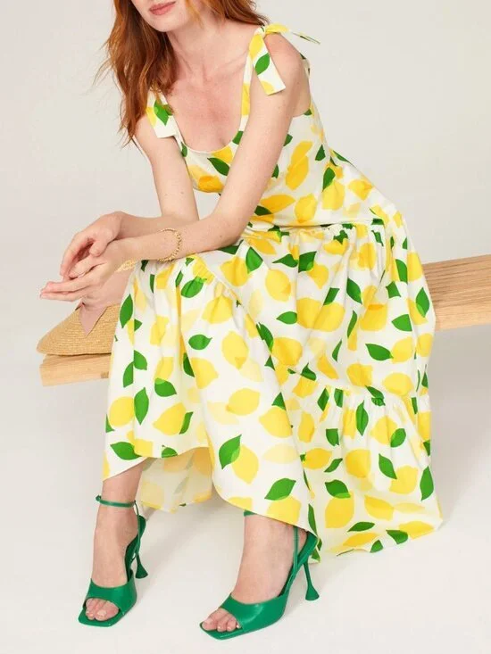 New Kate Spade Stretch Cotton Lemon Toss Tiered Midi Dress 0 $398