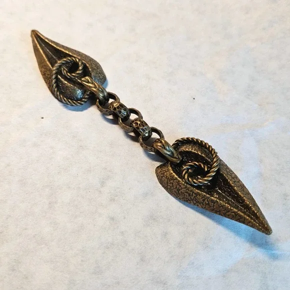 Vtg Bronze Leaf Hammered Chain Cloak Jacket Clasp Fastener Clip Hook Handmade