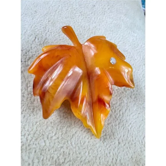 Avon 60’s Amber Lucite Leaf Sculpture with Faceted Detail