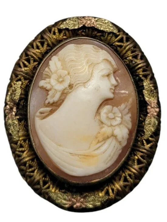 Vintage Carved Cameo Brooch Intricate Woven Frame Mixed Metal Gold Plated Leaves