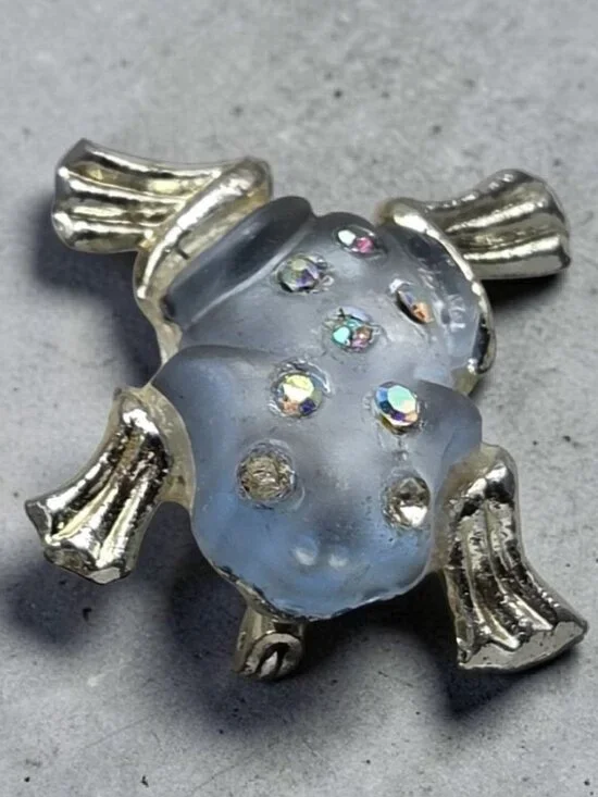 Vintage Silver Tone Jelly Belly Frog Brooch Pin with Aurora Borealis Rhinestones