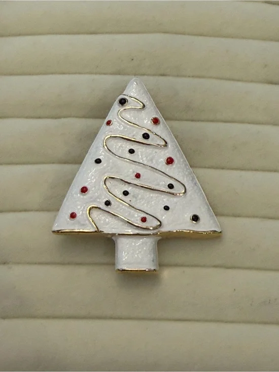 White Christmas Tree Brooch Pin Holiday Gold Trim Elegant Festive