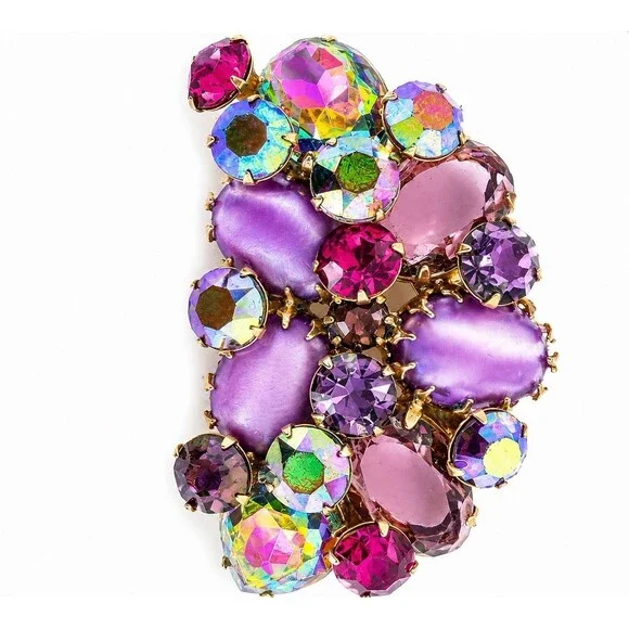 Vintage 1950s Lavender Satin Glass AB Rhinestone Cluster Brooch Pin Gold Tone