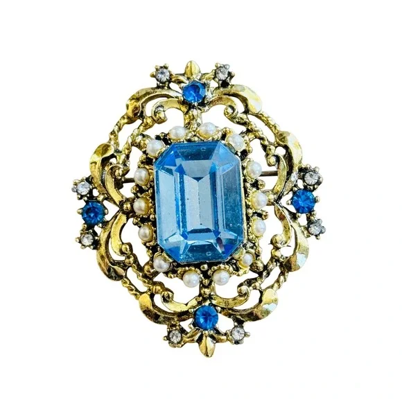 VTG Victorian Style Faux Aquamarine Brooch Pin Cabochon Pearl Filigree Regal 60s