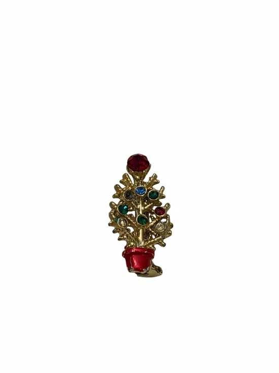 Christmas Tree Brooch Pin Festive Colorful Stones Holiday Distressed Vintage