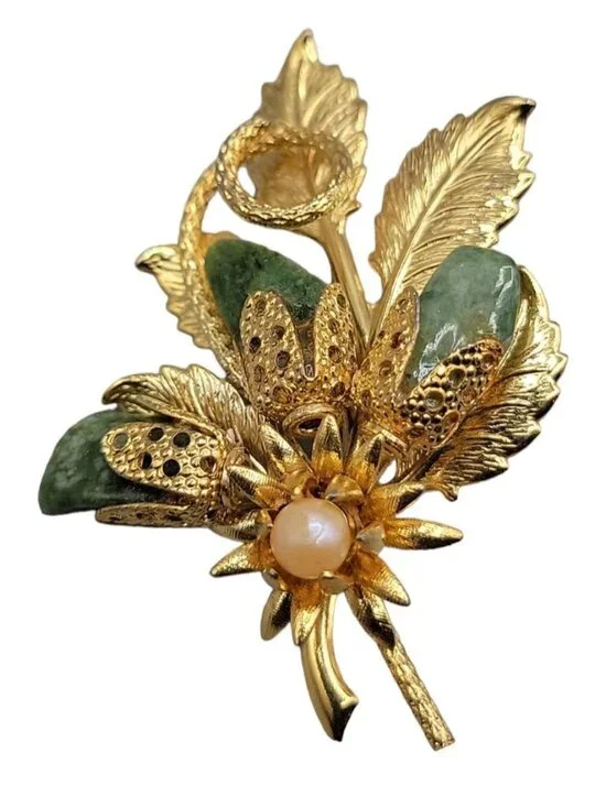 Gold Plated Jade Faux Pearl Flower Brooch Textured Leaves Detailed Design