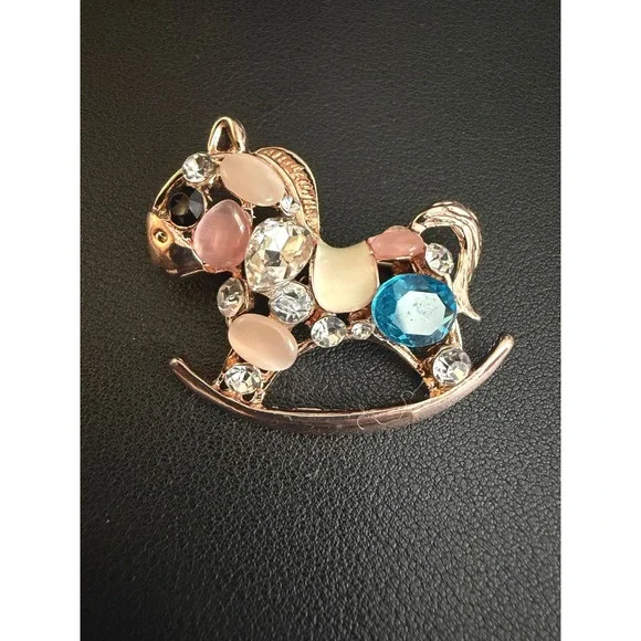 Rocking Horse Brooch Rhinestone Rose Gold Tone