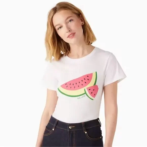 kate spade XS & XL White Watermelon Slice Print Short Sleeve Crew Tee