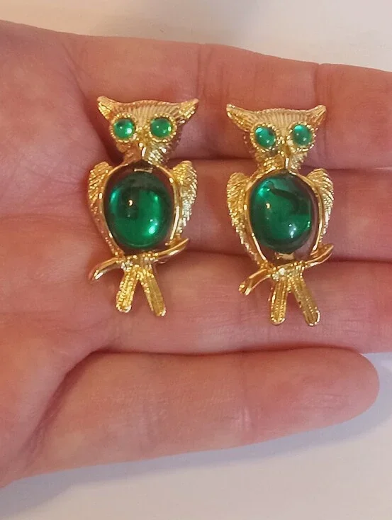 Vintage Gold Tone Owl Pins Brooch Green Jelly Belly Lot Of 2