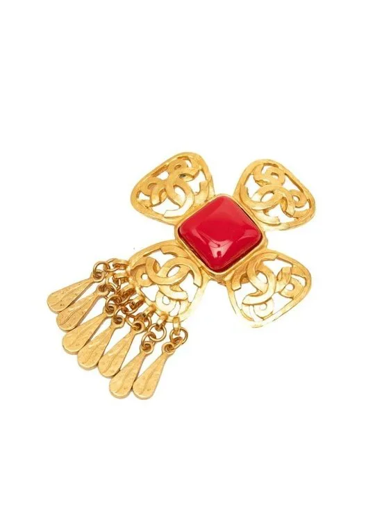 Chanel CC Logo Vintage Brooch Gold Red Plated