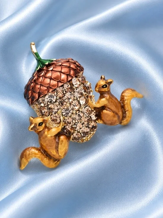 Cute Squirrel Whimsical Acorn Crystal Brooch