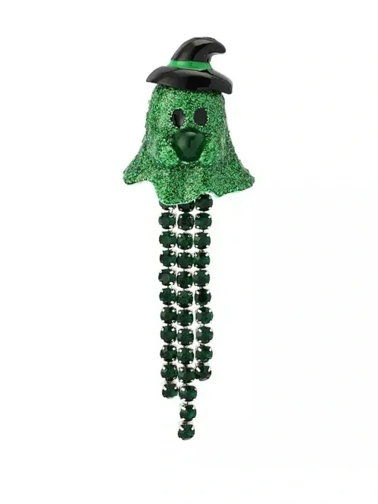 New Betsey Johnson Green Glitter Ghost Witch Dangle Brooch