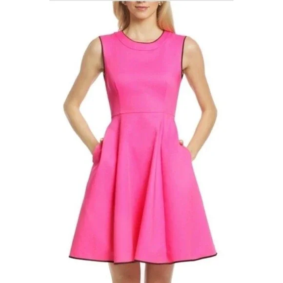 Kate Spade Carol Fit Flare Dress Size 2 Hot Pink Sleeveless Pockets Piped Trim