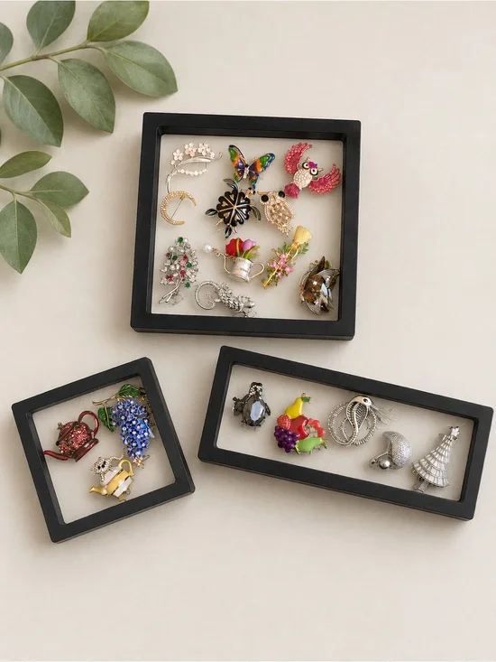 19 Assorted Vintage-Style Enamel & Rhinestone Brooch Pin Lot -w/ jewelry frames