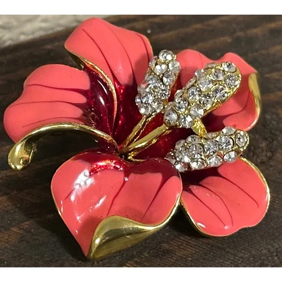 Vtg Hibiscus Flower Brooch Coral Pink Red Enamel Rhinestone Gold Tone Floral Pin